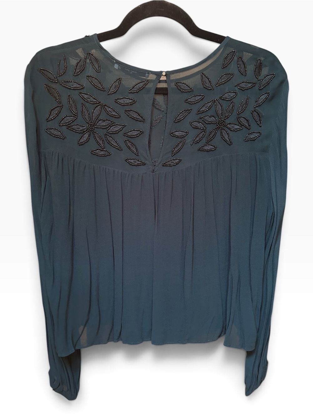 MANGO Emerald Green Embroidered Beaded Long Sleeve Blouse Size L - Picture 3 of 7